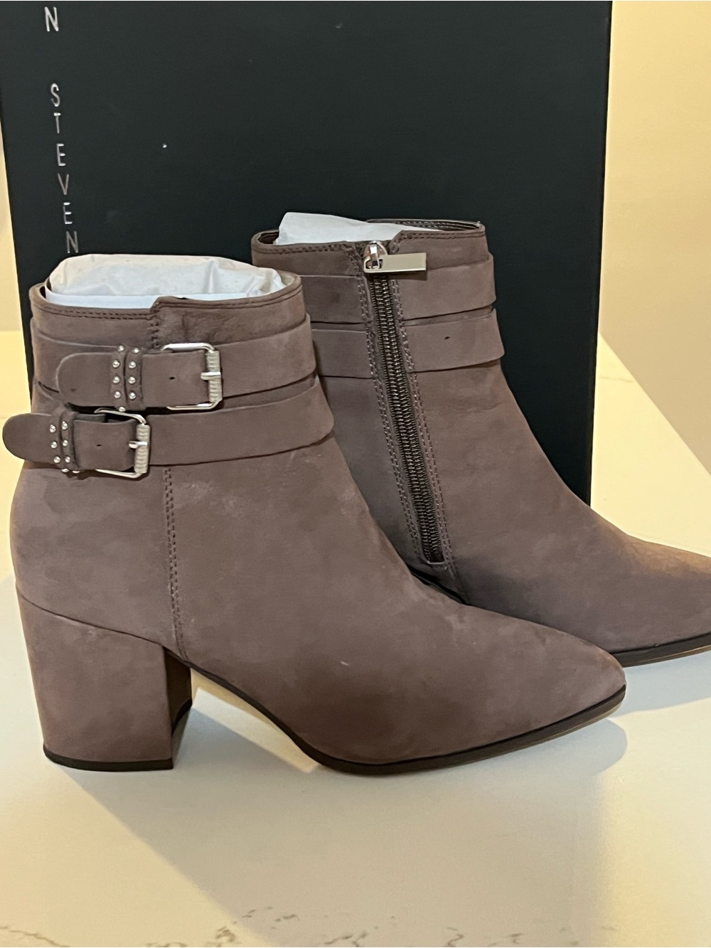 Pearl Taupe Suede Buckle Ankle Boots